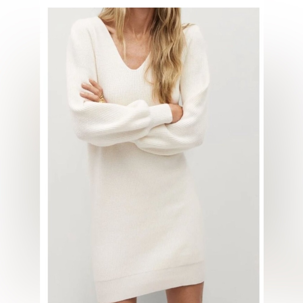 Mango Off-White V-Neck Jumper Dress Cozy Knit Sweater Dress | Minimalist Soft L